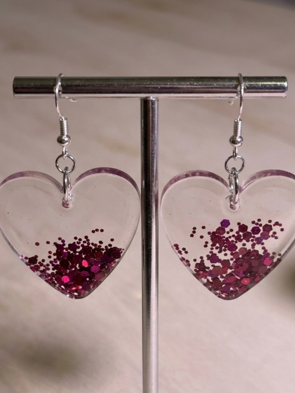 Clear & Pink Glitter Heart Dangle Earrings | Y2K Coquette Resin Jewelry